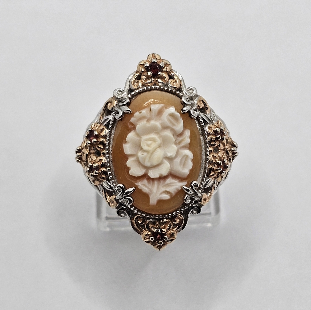 Genuine Handcarved Shell & Orange Sapphire Cameo 💍 Palladium Sterling Sz 9! - Picture 6 of 7